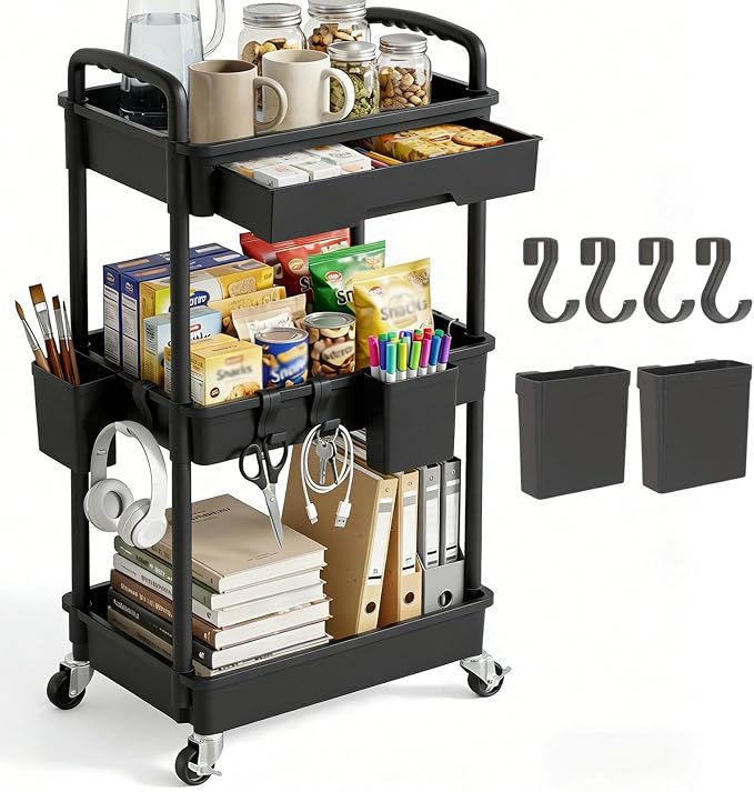 3 Tier Rolling Utility Cart with Drawer, Plastic Storage Organizer Rolling Carts with Wheels Handles Hanging Cups Hooks for Office, Bathroom, Kitchen,Craft Art Room (Black)