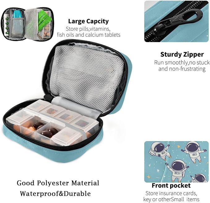 Fustylead Cute Astronauts in Space Travel Pill Organizer Bag with Zipper Small Pill Box 7 Day Pill Case for Purse Storage Weekly Vitamin Medicine Supplement
