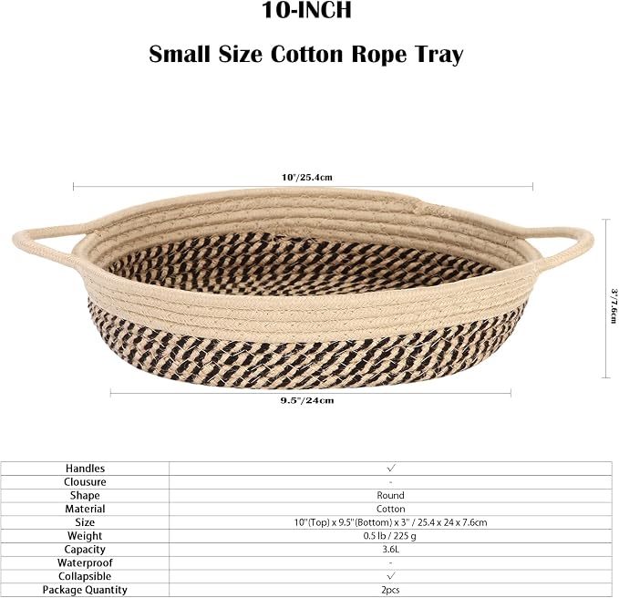 Sea Team 2-Pack Compact Woven Cotton Rope Storage Baskets, Mottled Flaxen | Knitted Decorative Organizer Bins with Handles, Portable Round Containers for Small Items, Keys, Makeup, Jewelry, Trinkets
