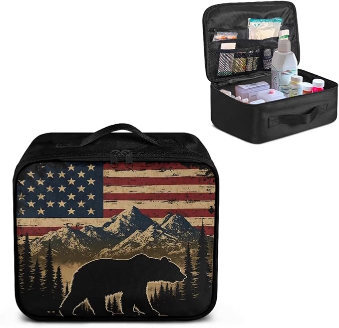 Rnyleeg American Flag Bear First Aid Storage Bag Medium First Aid Kit Empty Water Resistant Medical Kit for Home Travel Camping Easy to Use and Clean