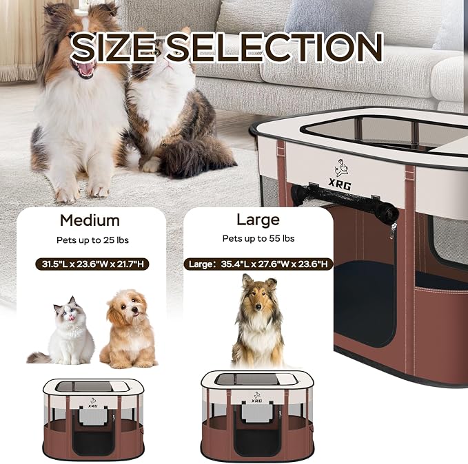 XRG Foldable Pet Playpen,Indoor Cat cage Puppy Crates L(35.4"x27.6"x23.6") | Portable Dog Crates with Upgrade Breathable Mesh，Sturdy Cat Kennel Indoor & Outdoor for Rabbit or Small Animals，Brown