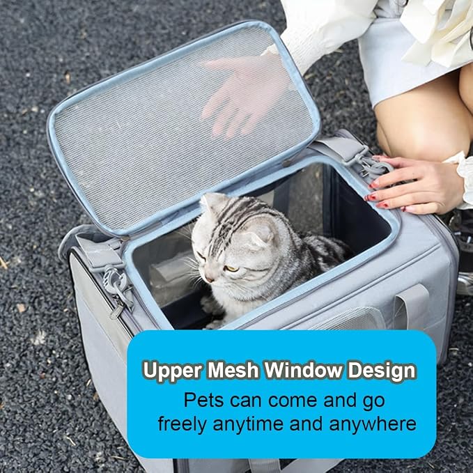 Pet Trolley Bag, Detachable Rolling Carrier for Small Dogs Cats Portable Pet Travel with Telescopic Handle and Shoulder Strap, for Airplane Car (Gray with Blue Edges)