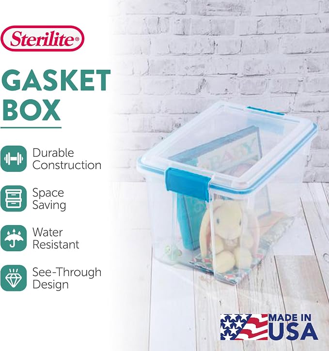 Sterilite Gasket Storage Box with Lids for Home & Office, 20 Quart, 18-Pack | Heavy-Duty, Stackable, and Organizing Containers for Bathroom, Cabinet, Closet, and Garage, Clear and Blue Aquarium Latches