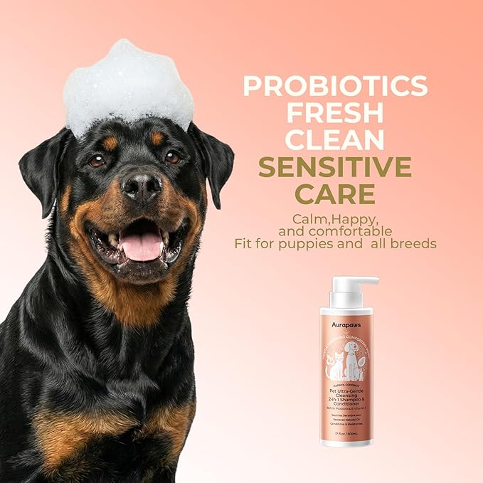 2-in-1 Dog Shampoo & Conditioner, Probiotic Pet Shampoo for Puppies & All Breeds, Hypoallergenic Formula for Sensitive Skin with Panthenol, Papaya Coconut Scent, 17oz, 2-Pack