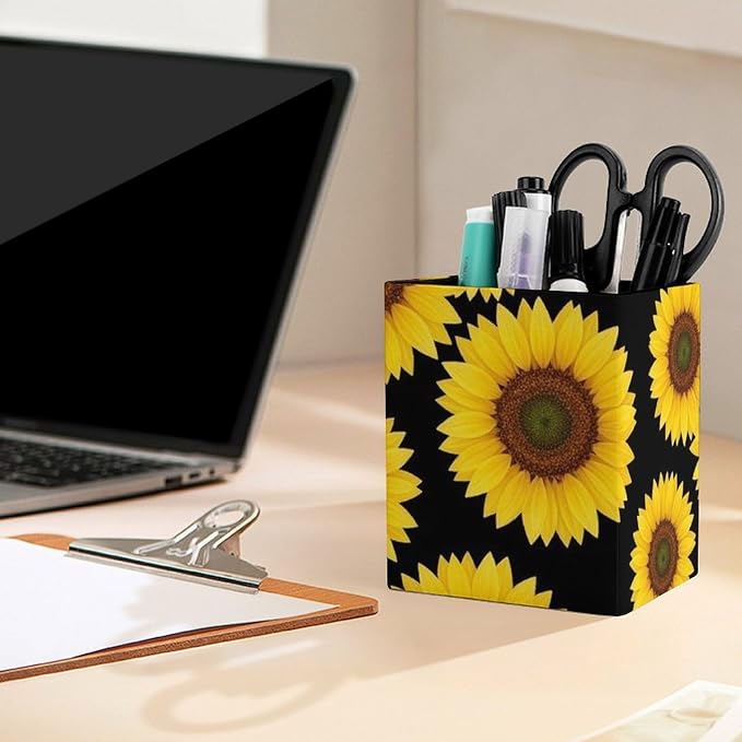 Pen Holder for Men Women, Floral Black Yellow Flowers Sunflower Pen Pencil Organizer Box Makeup Brush Holder Office Supplies Desk Accessories