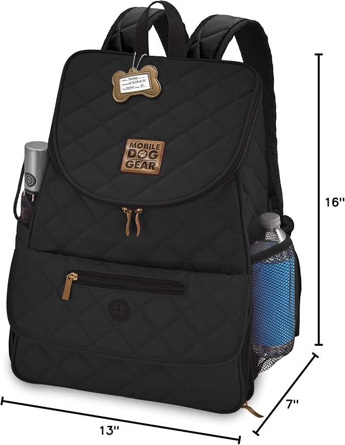 Mobile Dog Gear: Weekender Backpack - Black - Quilted Pet Travel Bag Holds Dog Accessories, Food Carriers, Silicone Bowls, Built-In Feeding Placemat