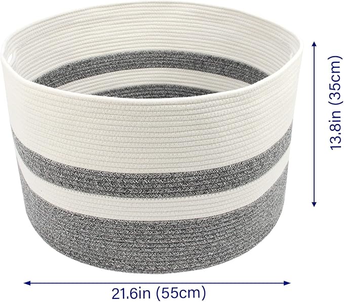 Casaphoria XXXLarge Cotton Rope Basket for Living Room - Woven Storage Basket with Handle for Blankets, Towels and Pillows Laundry Hamper | White and Grey (22" x 22" x 14")
