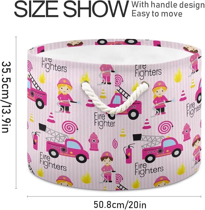 Pink Firefighter Collapsible Round Storage Basket with Handles | Fire Trucks Equipment Large Laundry Baskets Hamper, Organizer Bin for Nursery Bedroom Living Room Decor, 20x 20x 14 Inches