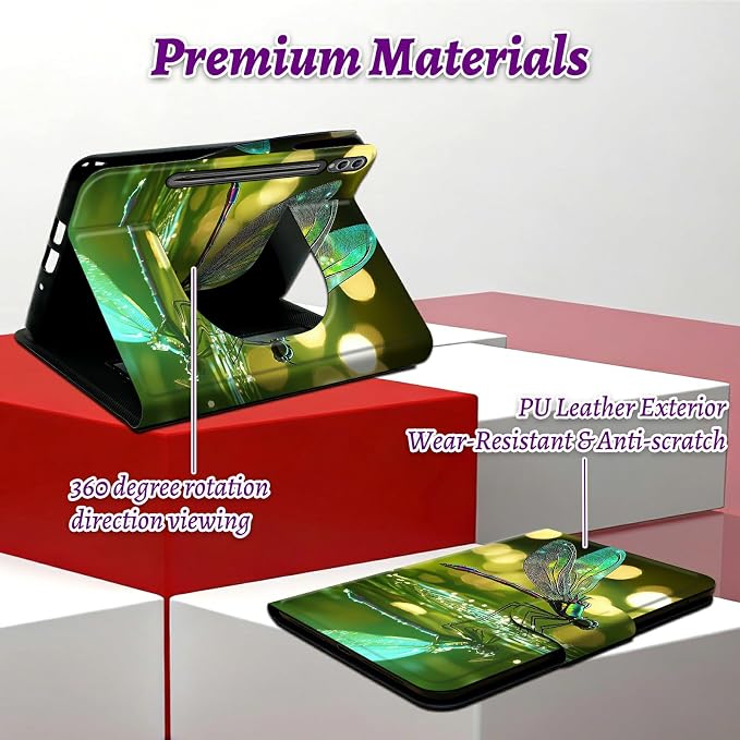 Rotating Handle Case for Samsung Tab S10 Ultra 2024/Galaxy S9 Ultra 2023 14.6", 360 Degree Swivel Kickstand with Magnetic Closure Shockproof Leather Protective Cover, Green Dragonfly
