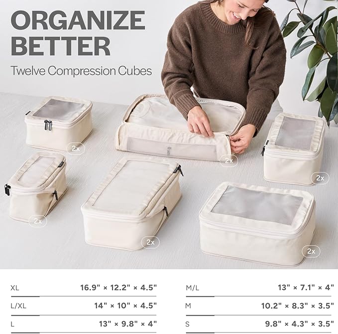 Compression Packing Cubes for Travel - Luggage Organizer Bags - Double Zipper Packing Cubes for Suitcases (12-Pack, Beige)