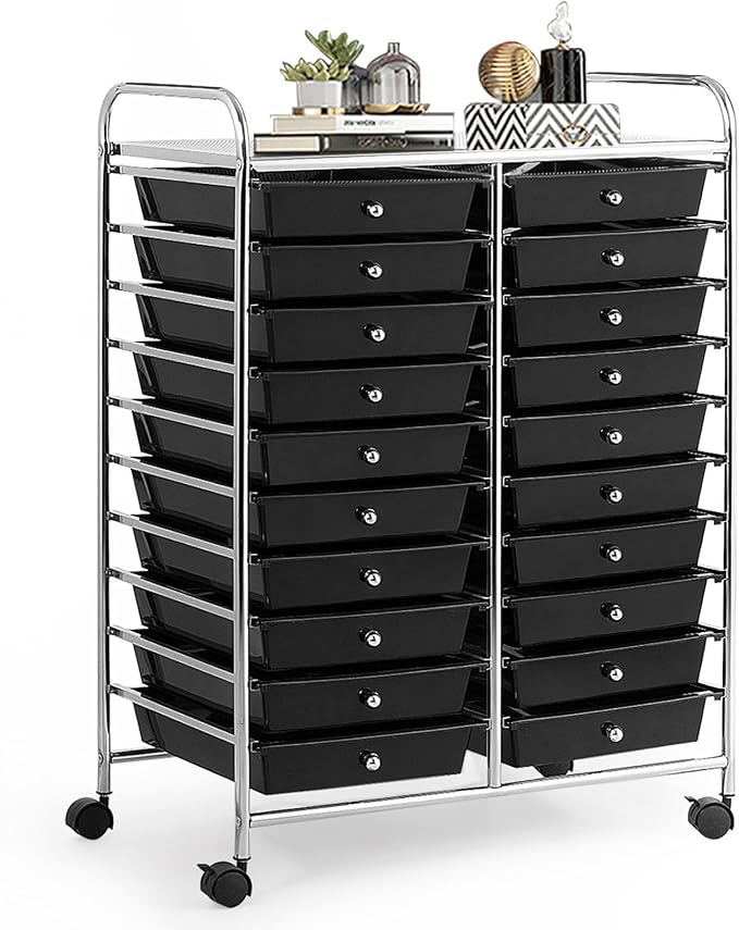 20 Drawer Rolling Storage Cart, Art Cart Organizer with Wheels for Makeup, Tool, Paper, Multipurpose Craft Storage Cart with Drawers for Office, Home, Classroom, Teacher, School (Black)