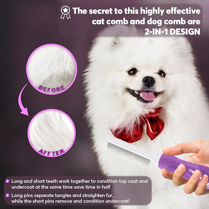 GENPEPADO Grooming Comb for Dogs and Cats with Matted Hair, Detangling Pet Comb with Long and Short Stainless Steel Metal Fine Teeth for Removing Mats, Tangles, Knots & Loose Fur from The Undercoat