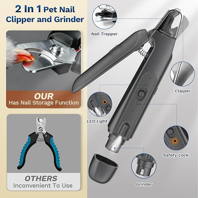 2-in-1 Dog & Cat Nail Clipper with Grinder - Dual Highlight LED Reduce Over-Trimming, Long Battery Cordless USB-C Rechargeable, Safety Lock & Catcher Cap, Quiet Home Grooming for Small Large Pets