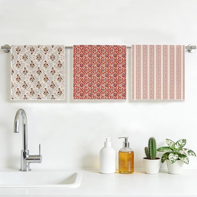 3 Pcs Retro Flower Kitchen Towels, Colorful Flower Soft Absorbent Hand Tea Towel, Microfiber Dish Cloths for Drying Dishes, Waffle Dish Towels for Kitchen Farmhouse Decor, Floral Gifts for Women Mom01