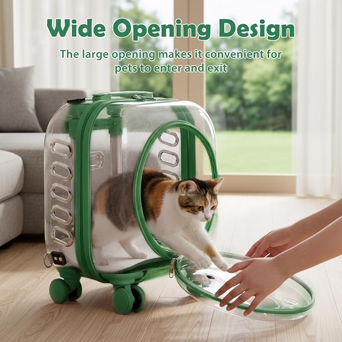 Pet Trolley Case with Ventilation Holes, Pet Carrier,Pet Rolling Carrier,Clear Window Pet Trolley Case,Pet Strollers for Small Dogs,Cat Carrier with Silent Wheels Telescopic for Travel (Green-A)