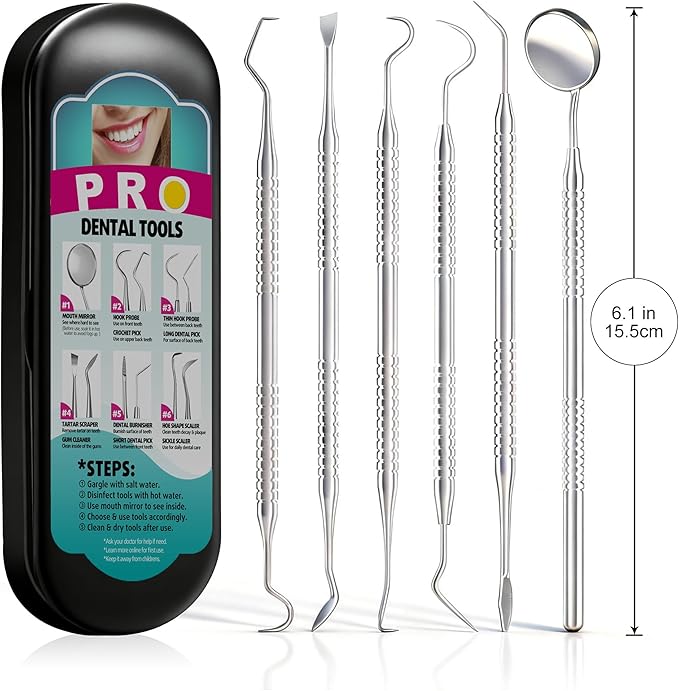 G.CATACC Dental Tools, Metal Dental Pick Teeth Cleaning Tools for Home Use, Stainless Steel Oral Care Hygiene Kit with Tooth Scraper Plaque Tartar Remover - with Case