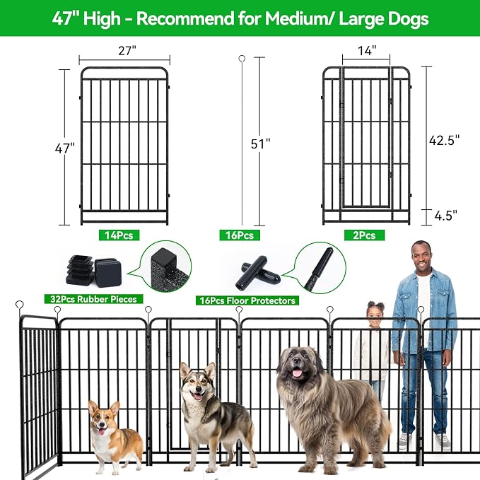 Kfvigoho Heavy Duty Dog Playpen 16 Steel Panels 47" Height | Square Steel Pipe with Reinforced Crossbars, 36FT 103 Sq.ft Portable Dog Fence Outdoor for Yard & RV Camping, Snowy Black