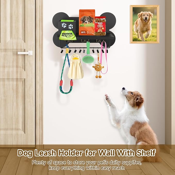 Wood Dog Leash Holder for Wall, Black Bone Hook for Entryway | 3 double hanging points, 11 mini clips, built-in pet waste bag cavity, quick wall installation