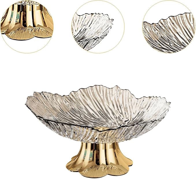 Pedestal Fruit Bowl, Snack Storage Holder, Fruit Tray, Dessert Display Stand, Decorative for Living Room Kitchen Home, E with Gold Base, White