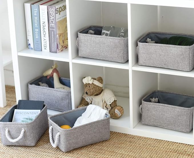 Foldable Small Storage Baskets with Strong Cotton Rope Handles [6-Pack] Gray Collapsible Storage Bins Set Works Room Storage, Nursery Baskets