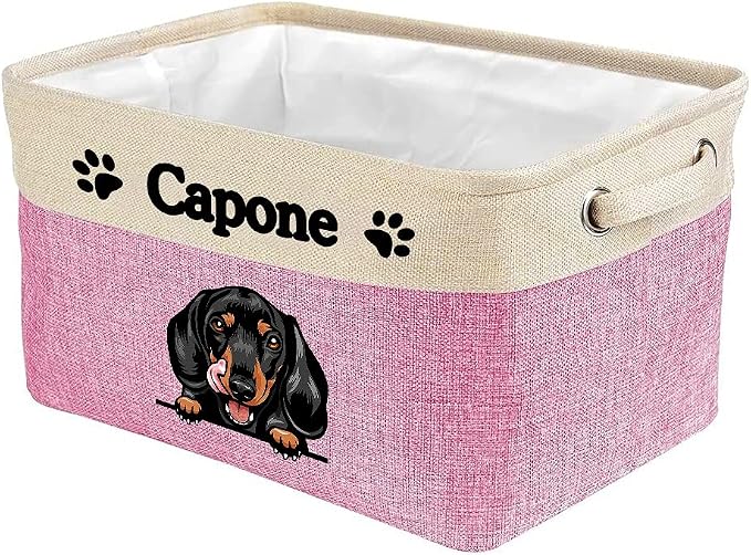 Personalized Fabric Dog Toy Storage Basket with Cute Dog Dachshund Collapsible Sturdy Fabric Pet Toys Storage Bin Cube with Handles for Organizing, Pink and White