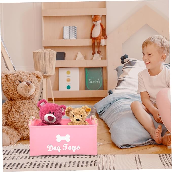 UKCOCO Pink Felt Pet Storage Box with Wooden Handles Large Square Organizer for Dog and Sundries Lightweight and Portable Household Basket for Home and Utility