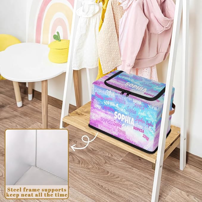 Custom Storage Baskets for Kids with Name, Large Foldable Organizer Collapsible Storage Bin with Zipper Lid Leather Handle for Home Toys Closet Nursery, Blue with Pink Watercolor