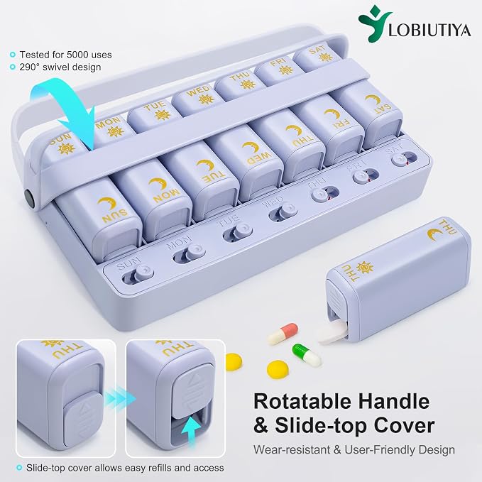 Weekly Pill Organizer 2 Times a Day, AM PM Travel Pill Organizer 7 Day for Vitamin Medicine Supplement Fish Oil, Blue Twice a Day Medicine Pill Box with a Rotatable Handle