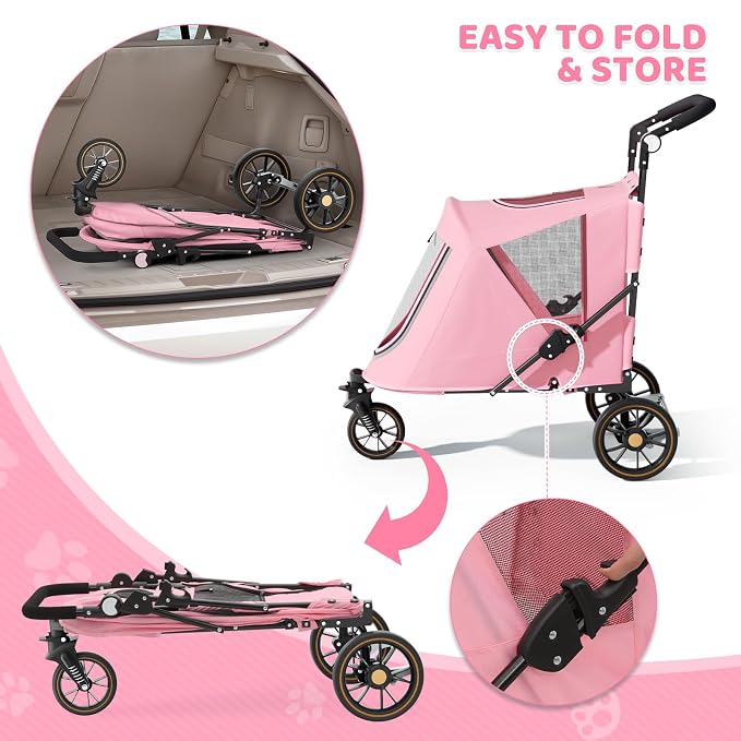 Magshion 3-Wheel Foldable Dog Jogger with Adjustable Handle, Pink | Pet Stroller for Medium Larges, All-Terrain Wheels, Dual Entry, Rear Storage, Breathable Mesh, Up to 55 lbs