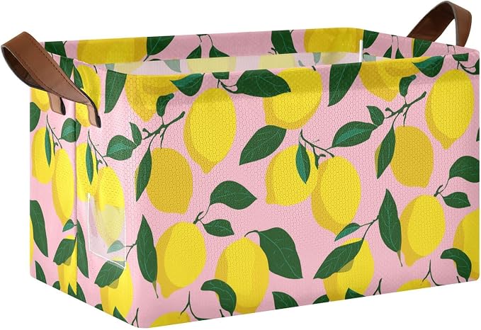 Light Pink Bg Yellow Lemon Storage Basket Foldable Cube Storage Bins with Handles&Label Waterproof Collapsible Organizer Box Bin Large Rectangle Decorative Baskets for Shelves Home Room Laundry