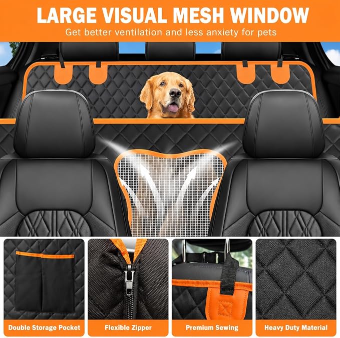 Dog Car Seat Cover for VW Caddy Transporter Crafter, Back Seat Pet Car Hammock with Side Flaps, Water & Scratch Resistant, Non-Slip Design with Breathable Mesh Window,B