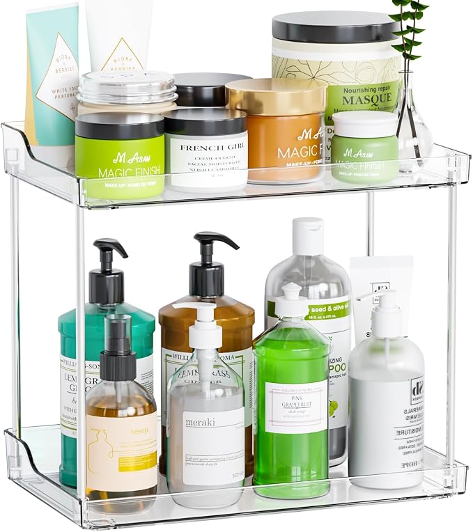 Clear Acrylic Bathroom Counter Organizers and Storage Tray, 2 Tier Makeup,Perfume,Skincare Organizer Shelf & Vanity Storage for Bedroom and Counter Top Spice Racks for Kitchen Corner,Rectangle