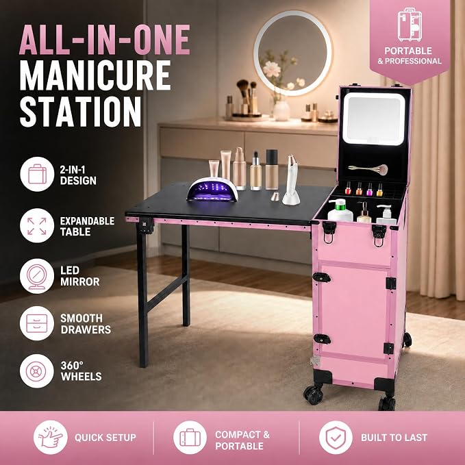 Rolling Makeup Case with 3 Drawers, Portable Manicure Table Lockable Makeup Train Case Portable Nail Table with Storage with LED Light & Key for Hair Barbers/Stylists, Makeup Enthusiasts