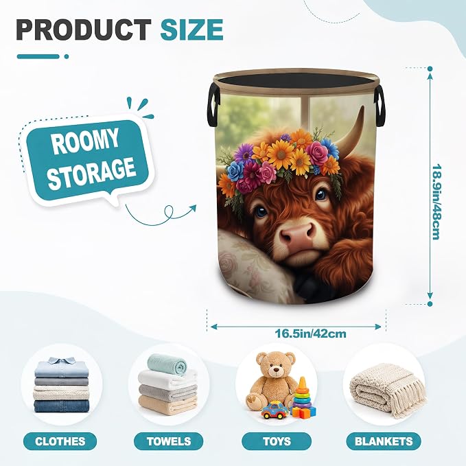 Highland Cow Floral Portable Laundry Hamper,Farmhouse Cozy Collapsible Clothes Basket with Handles,Waterproof Oxford Cloth Organizer for Dorm Bedroom Bathroom Nursery,16 x 20 Inch