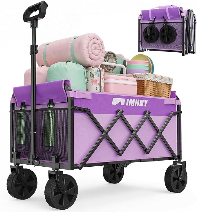 Purple Small Collapsible Wagon Cart, Lightweight Folding Utility Cart with Wheels, 220lbs Capacity Portable Grocery Cart for Sporting Events, Garden, Shopping (Purple)