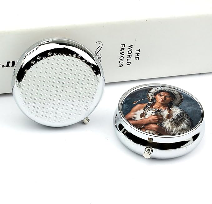3 Compartment Medicine Pill Case, Indigenous People and Wolves Round Pill Box, Portable Decorative Medicine Organizer for Pocket Or Purse Vitamin Organize