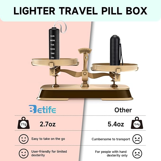 Betife Travel Pill Organizer, 7 Day Stackable Weekly Pill Case - Black | Daily Pill Container with 7 Large Stackable Compartments, Sturdy ABS Snap-lock, No Metal-on-Metal Friction, Portable Pill Box
