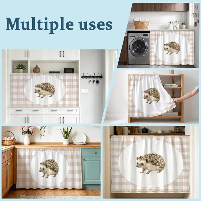 Hedgehog Sink Skirt for Bathroom, Self-Adhesive Under Sink Curtain, Modern Farmhouse Linen Checked Animal Hide Pipes & Storage Fabric Cabinet Skirt Cover for Kitchen Laundry 32"x55"