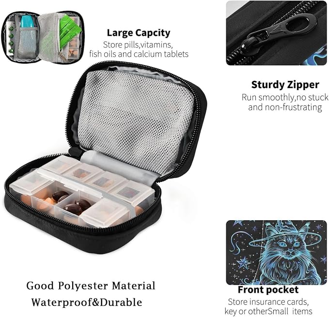 Fustylead Halloween Mystic Blue Cat Wear Witch Hat and Stars Pill Organizer Case with Zipper 2 Times A Day for Vitamin and Supplement, 7 Day Travel Organizer Medicine Case