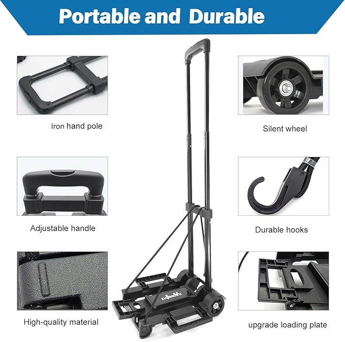 Folding Hand Truck Dolly Cart, Folding Cart Small Dolly with Wheels, | Lightweight Utility Dolly Expandable Baseplate Small Backpack Portable Luggage Cart for Airport Travel