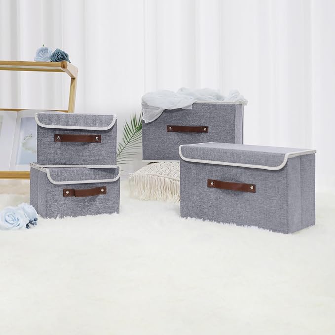 ANMINY Fabric Storage Box Bins with Lids, Gray, 15"x10"x10", 4 Pack | Keepsake Memory Storage, Cotton Linen, PP Board Reinforced, Washable, PU Handles, Foldable & Stackable, Decorative, Large