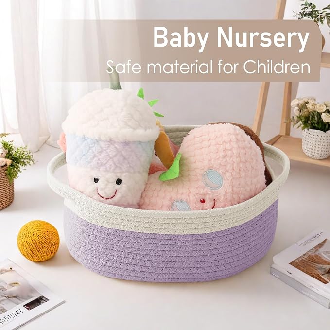 JMvicyroam Small Woven Basket, Empty Gift Basket, White&Purple/1 Pack | Small Gift Basket, Cotton Rope, 12 x 8 x 54 in, Handles, Includes Ribbon and Bag, Birthday Gift Basket