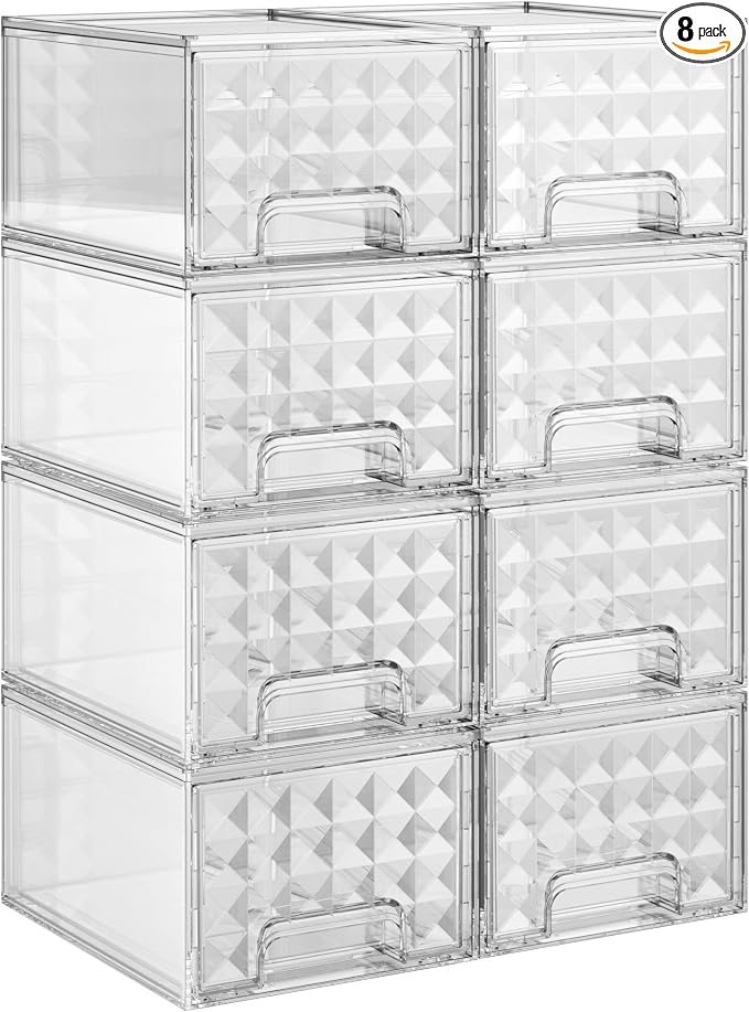 Delamu 8 Pack Stackable Storage Drawers organizer, Clear | Acrylic Makeup Organizer for Bathroom Countertop Storage, Desk, Vanity, Medicine Cabinet, Under Sink, Baby Bottles, for Women