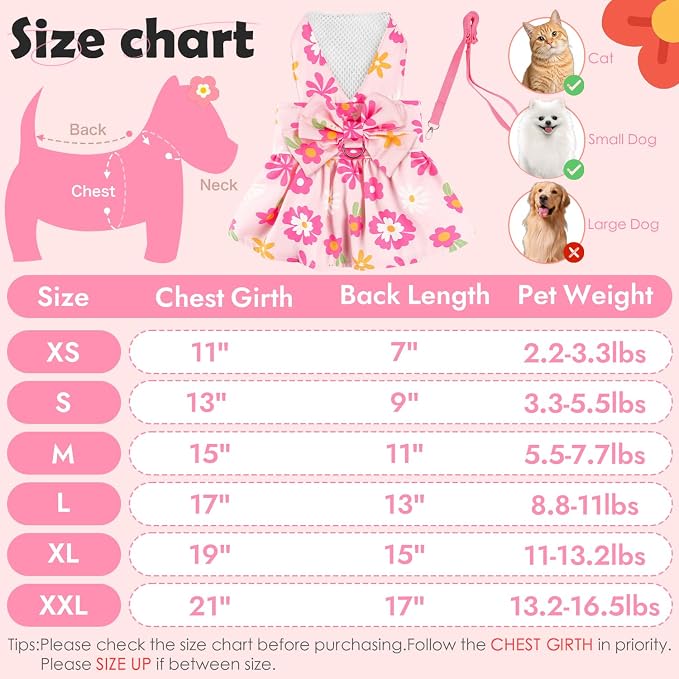 Dog Dress Harness Dresses Leash Set for Small Dogs Cute Girl Dog Clothes with Bowknot Puppy Outfits for Shih Tzu Yorkies Chihuahua