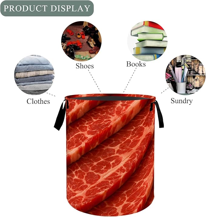 Fresh Beef Basket Hamper, Organizer Bins Gifts for Women Kids, Realistic Meat Food Foldable Waterproof Clothes Hamper Handles Storage Bucket for Bedroom Bathroom Room Decor 19.7"x15.7"