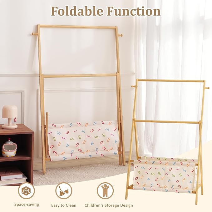 Baveke Kids Clothing Rrack- Kids Dress Up Rack for Little Girls, FSC-Certified Bamboo Kids Clothes Rack, Toddler Dress Up Storage Rack & Folding Costume Rack, Double Rods, Pets Clothes Rack, Number