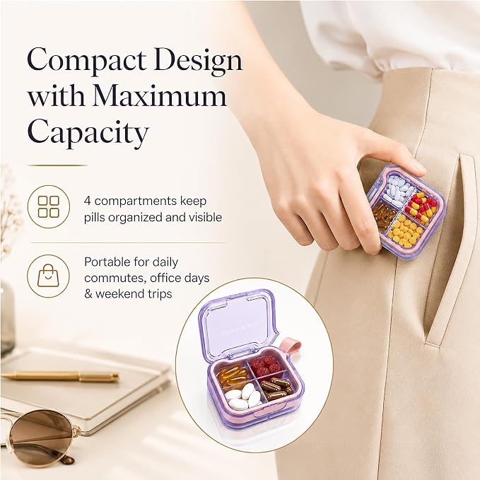 Travel Pill Organizer with Silicone Carry Loop, Portable Medicine Case | 4 Compartments Compact Pill Box for Vitamins Supplements Daily Medications, Purse Backpack Office