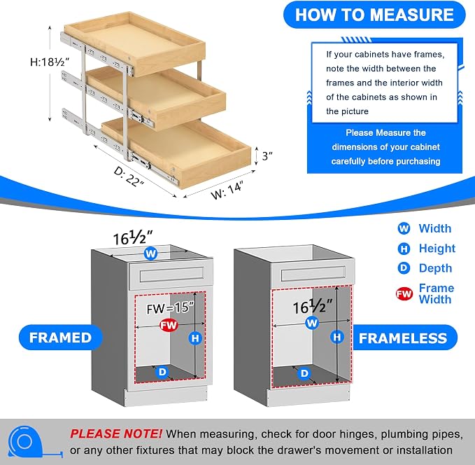 WelFurGeer 3-Tier Pull Out Cabinet Organizer with Soft Close, Heavy-Duty Pull Out Drawers for Cabinets, Slide Out Shelf for Kitchen, Pantry, Bathroom & Under Sink, Solid Birch Wood