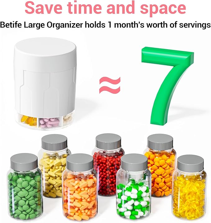 Betife XXL 7-Day Pill Organizer, Large Travel Pill Dispenser Bottle | Anti-mix, BPA-free ABS, Holds 32 fish-oil softgels per compartment, 21 labels, Pocket-size for travel, supplements.