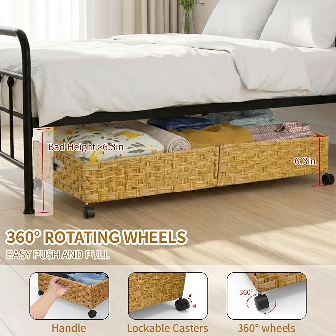 Under Bed Storage Containers with Wheels, 31.5” Large Handwoven Rattan Rolling UnderBed Storage Bins, Tool-free Assembly Natural Under The Bed Organizer Drawers for Bedroom, Sheets Clothes Blankets